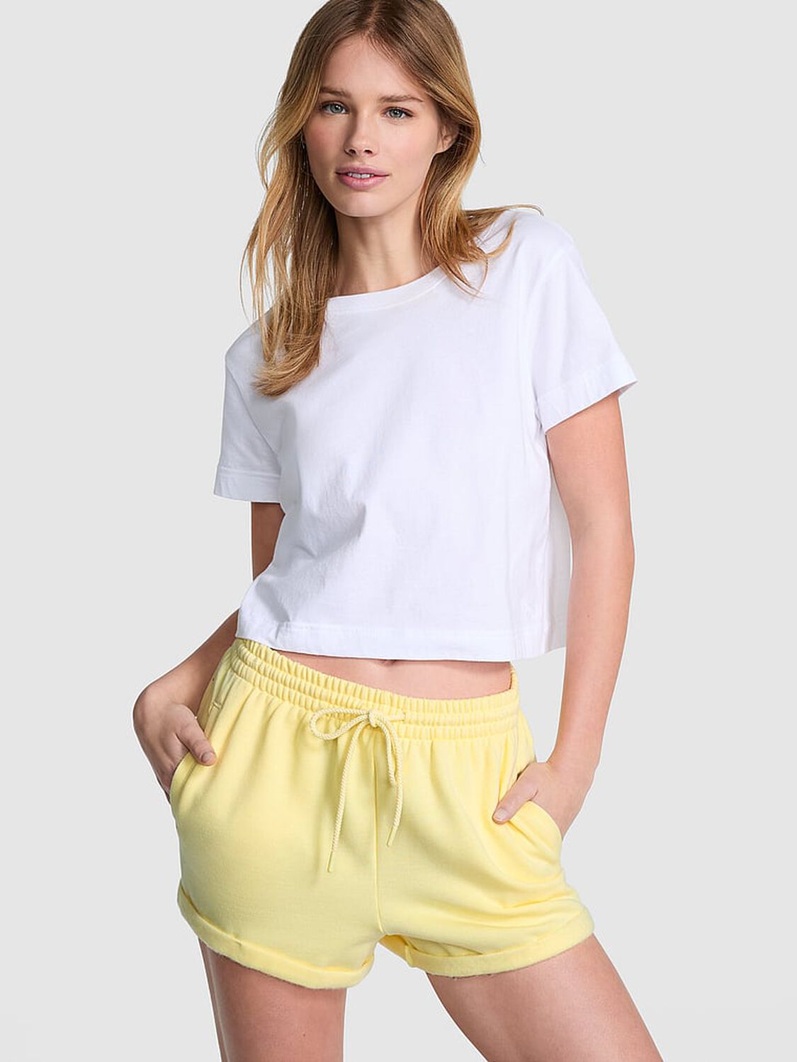 vs Pink Ivy Fleece Rolled Hem Shorts Mellow Yellow 1 of 4 