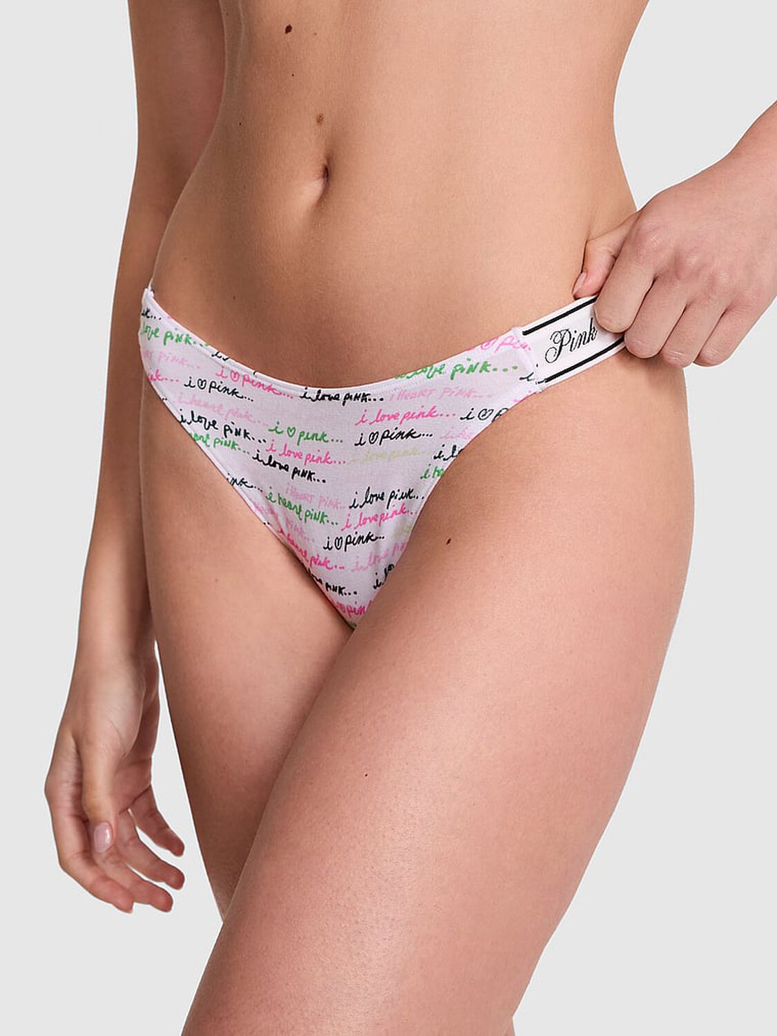 vs Pink Logo Cotton Shine High-Leg Thong Panty White Script Print 1 of 3 