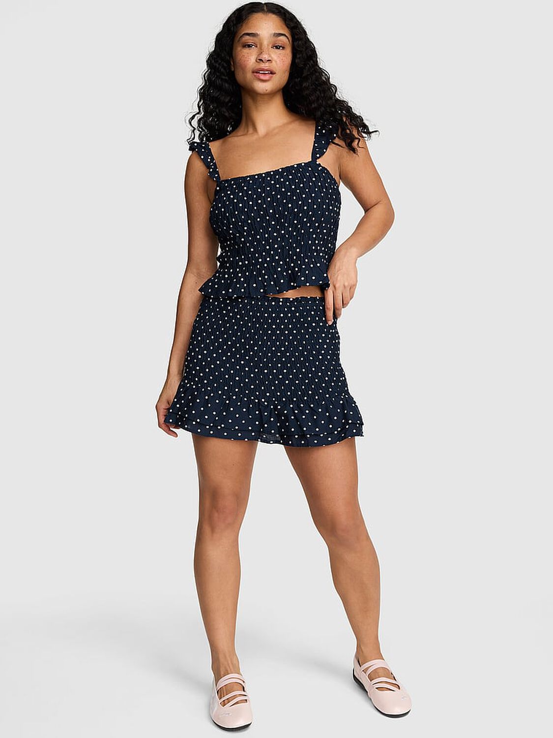 vs Pink Flirty Fit Smocked Mini Skirt Noir Navy Polka Dot 1 of 3 