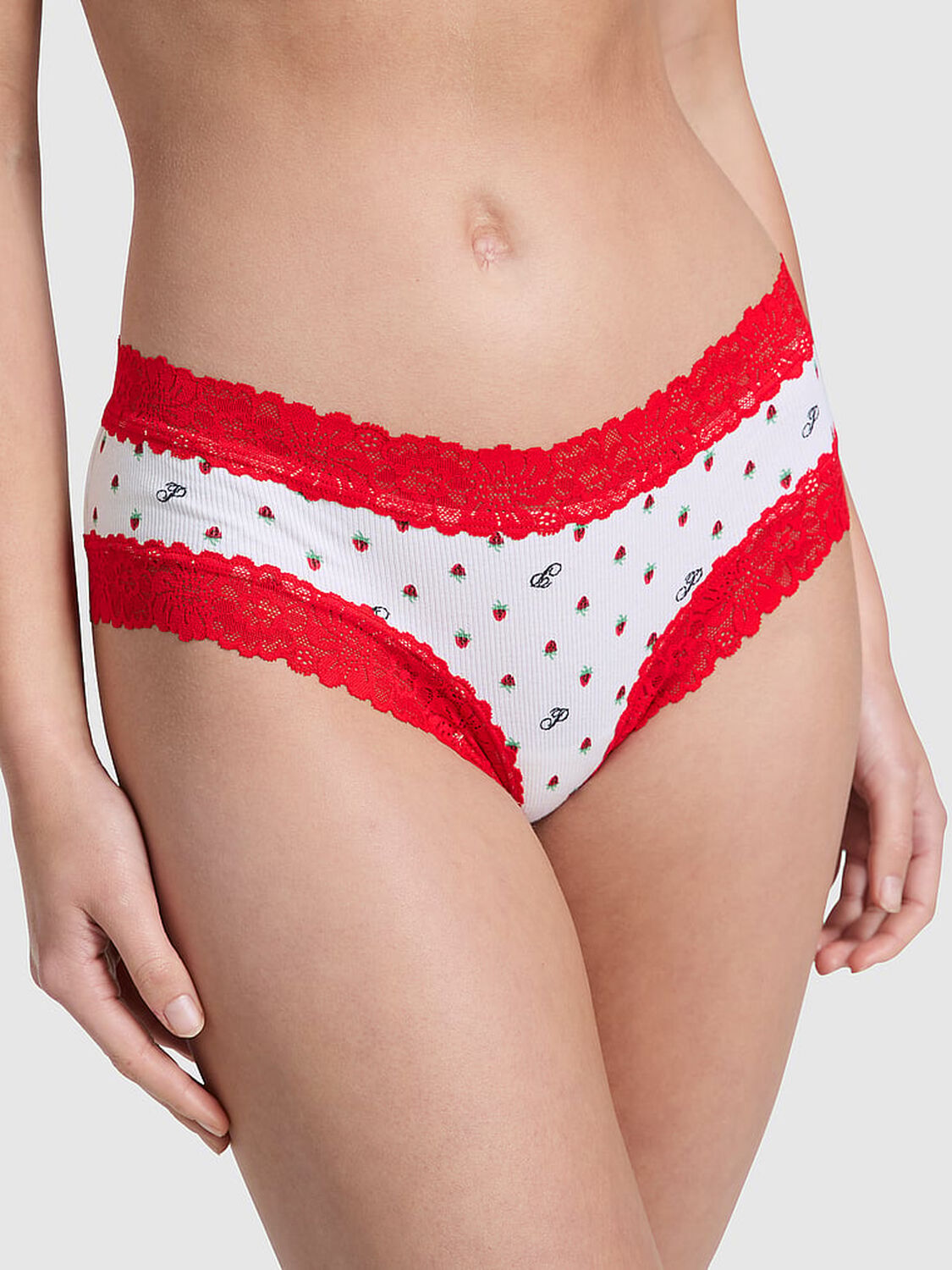 vs Pink Wink Lace-Trim Cheeky Panty Winter White P Script Strawberry Print 3 of 3 