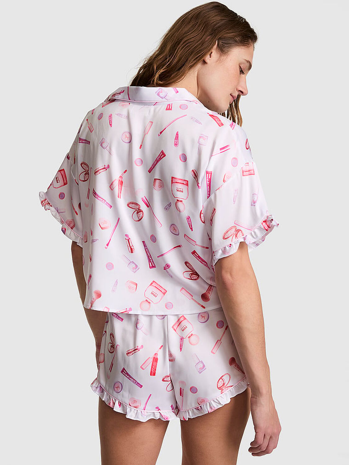 pink Pink GRWPINK&trade; Satin Short-Sleeve and Shorts Pajama Set White With Makeup Print 2 of 4 