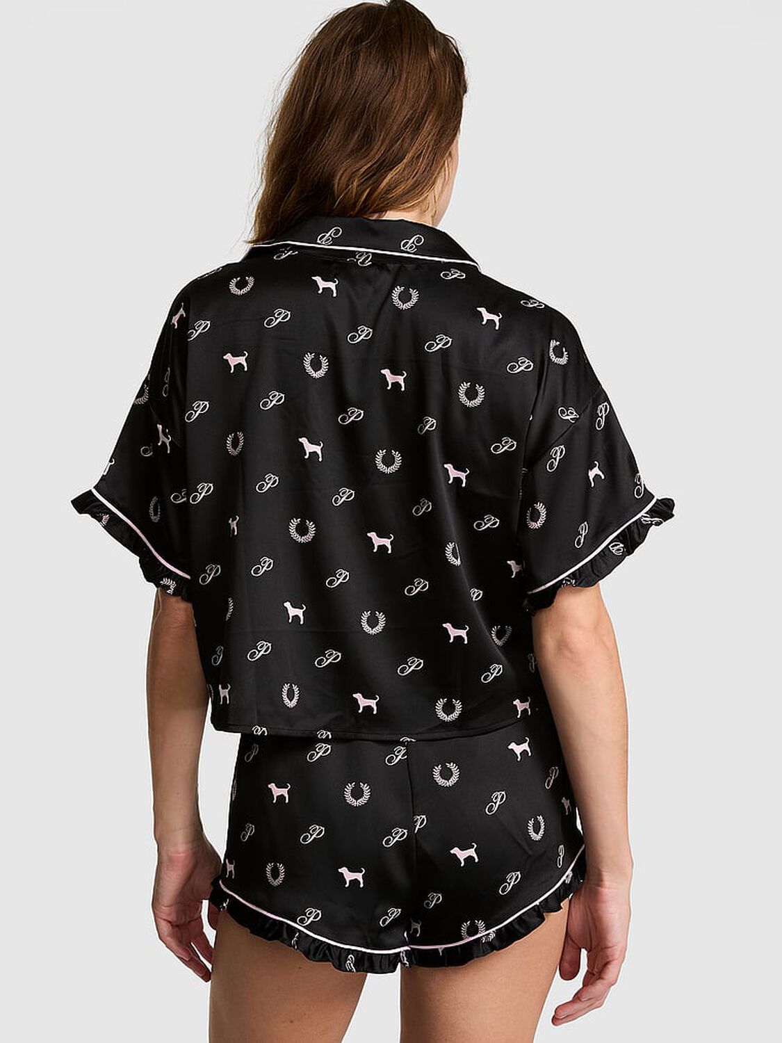 pink Pink GRWPINK&trade; Satin Short-Sleeve and Shorts Pajama Set Black With Heritage Print 2 of 2 