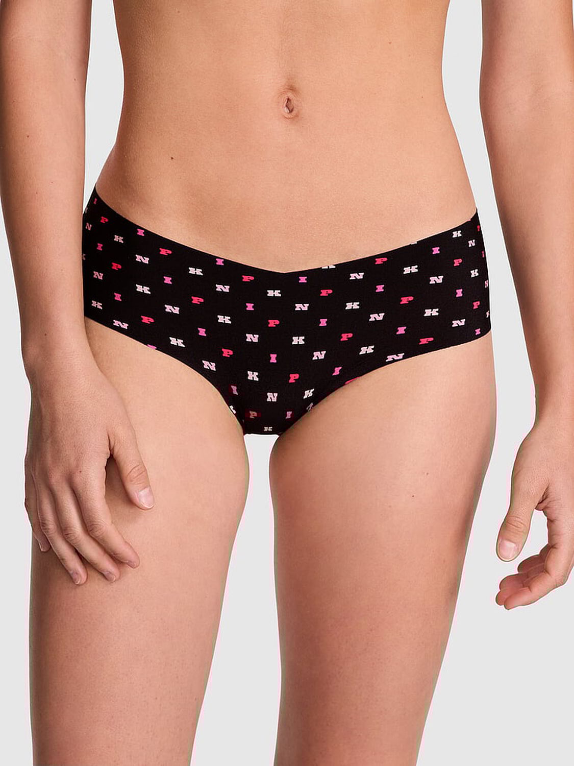 vs Pink No-Show Hiphugger Panty Black Scattered Pink Print 1 of 3 
