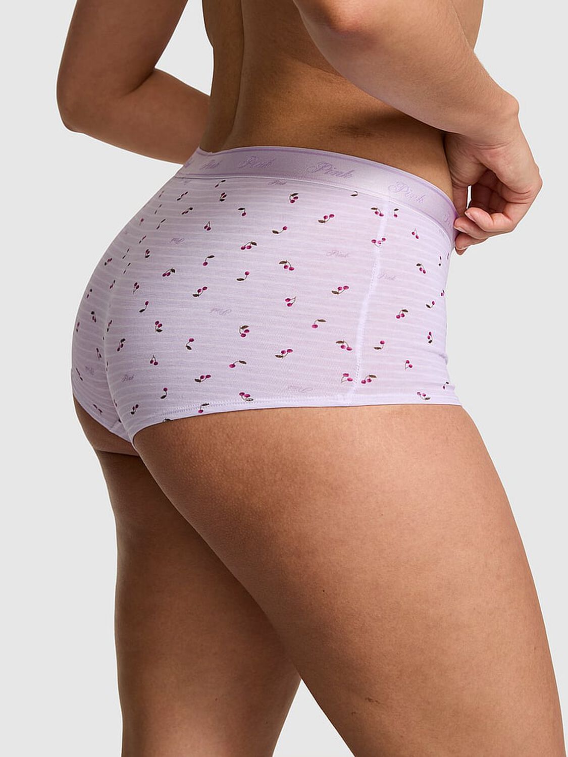 vs Pink Logo Cotton Boyshort Panty Purple Whisper Stripe Cherry Print 2 of 3 