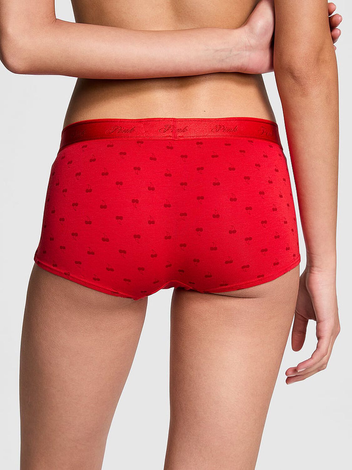 vs Pink Logo Cotton Boyshort Panty Bright Vermillion Cherry Print 2 of 3 