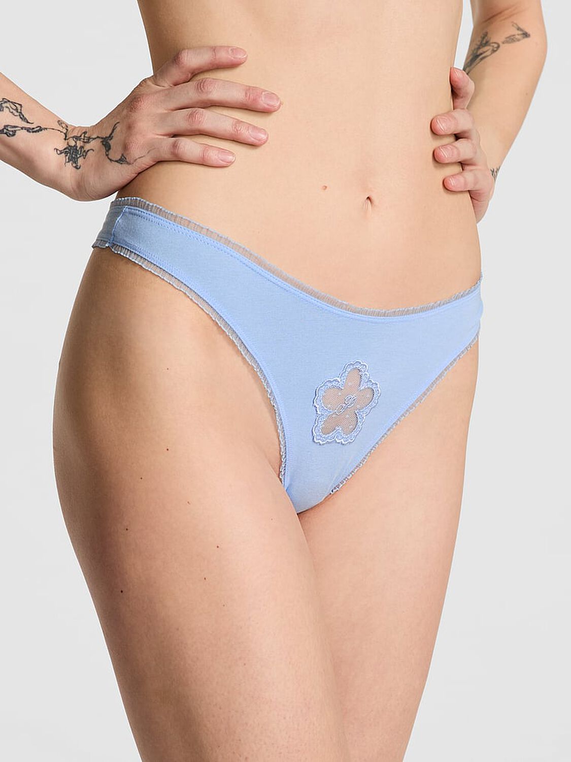 vs Pink Cotton Daisy Patch High-Leg Thong Panty Blue Dancer Mesh Daisy Graphic 1 of 3 