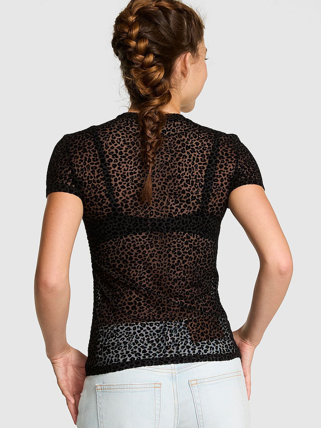 vs Pink Base Leopard Mesh Short- Sleeve Tee Pure Black 2 of 3 