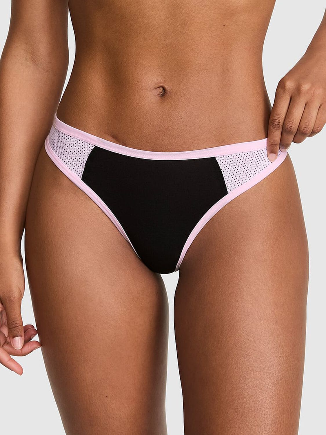 vs Pink Cotton Thong Panty Black With Pink Tulip Trim 1 of 3 