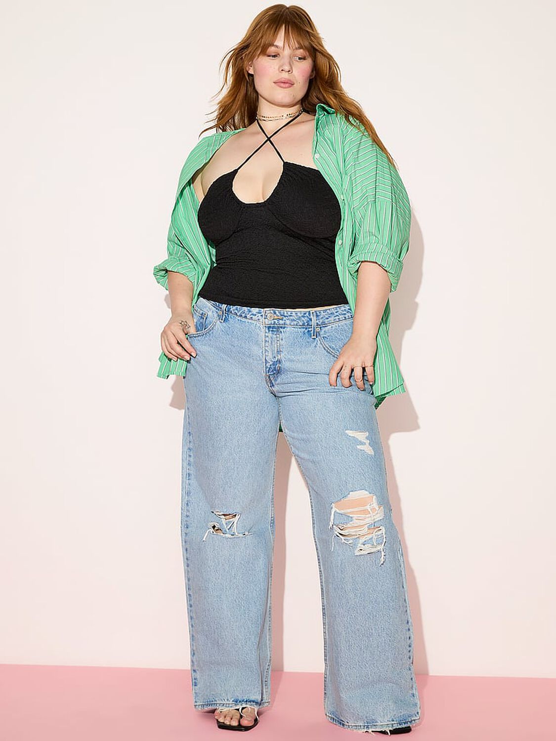 vs Pink Boyfriend Button-Down Sleepshirt Wild Green Stripes 4 of 4 