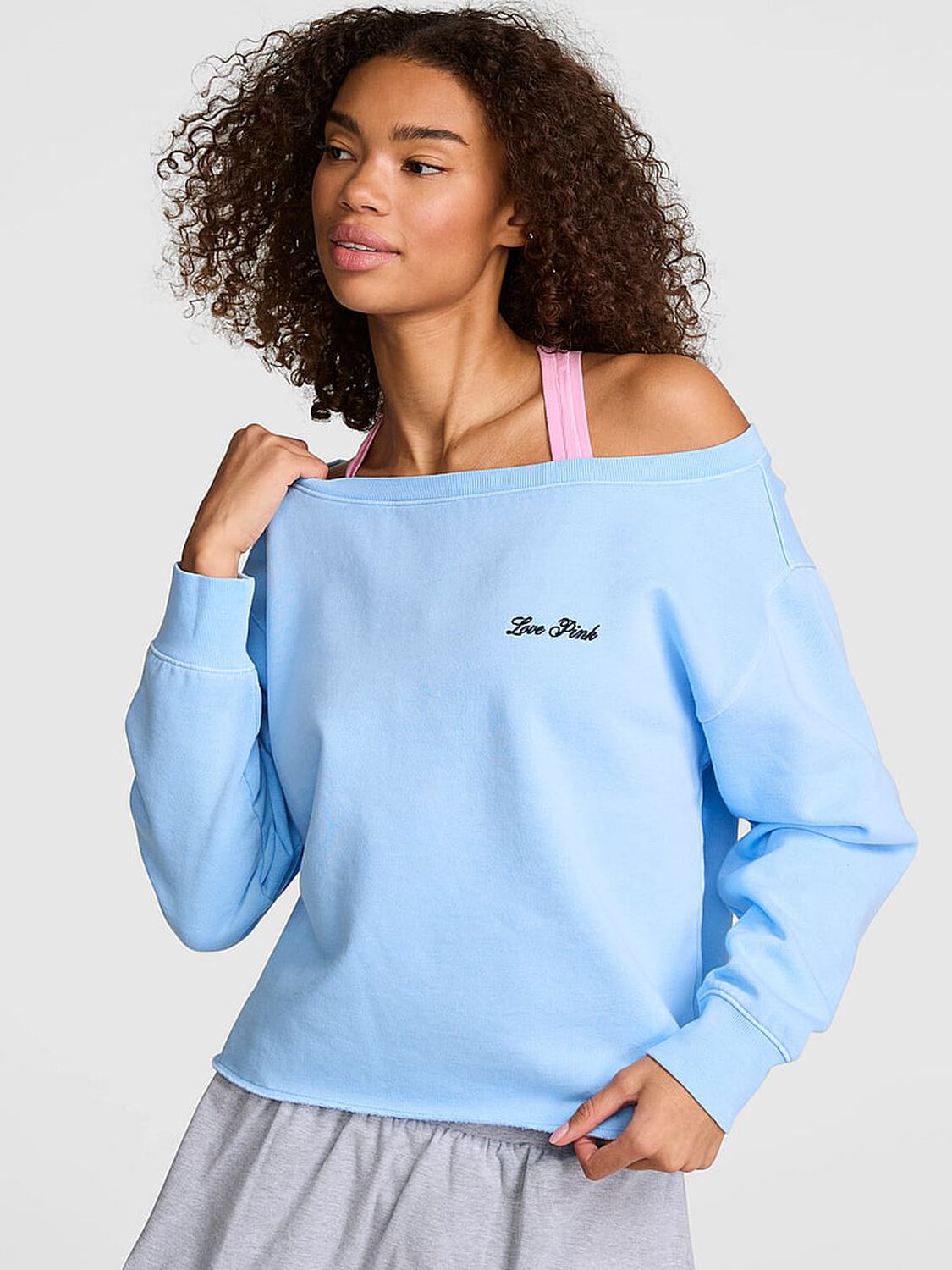 vs Pink Campus Fleece&trade; Rib Off-The-Shoulder Sweatshirt Blue Dancer 1 of 2 
