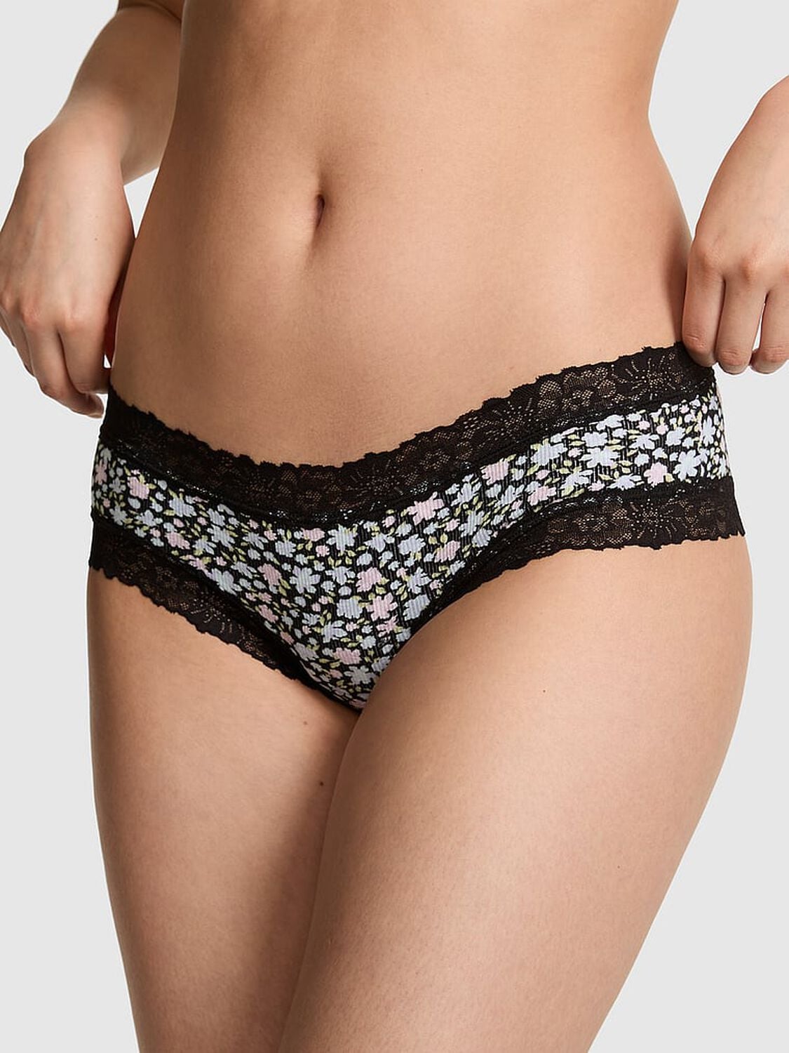 vs Pink PINK Wink&trade; Lace-Trim Cheeky Panty Black Floral 1 of 3 