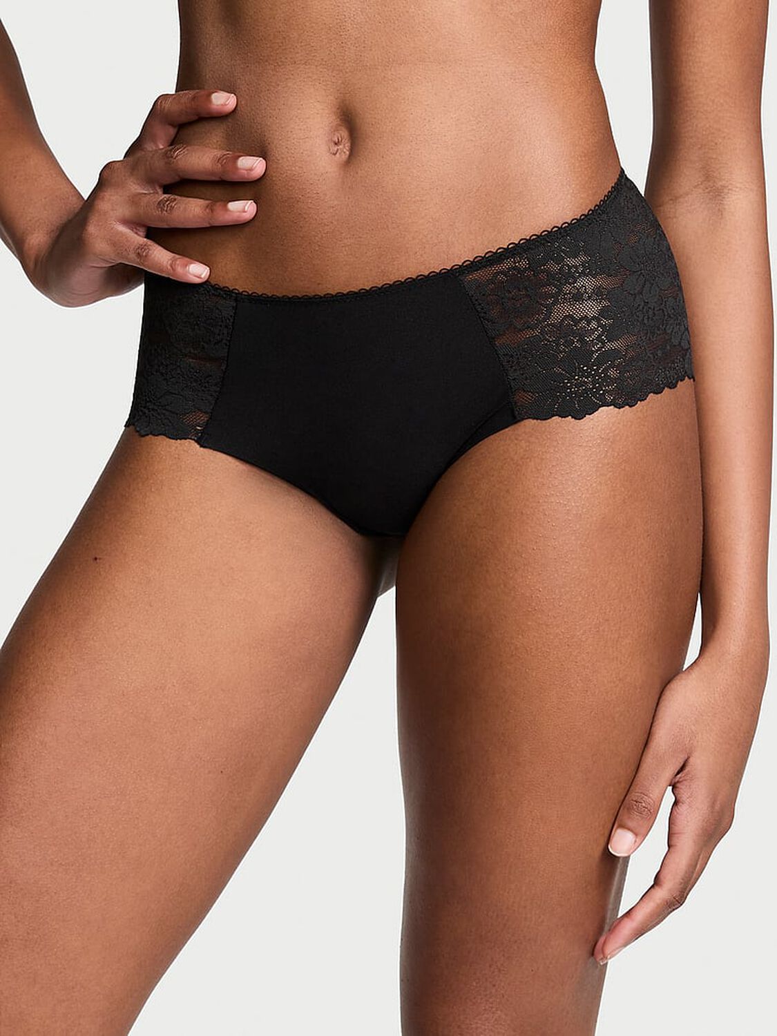 vs Pink No-Show Cheeky Panty Pure Black Lace Trim 1 of 3 