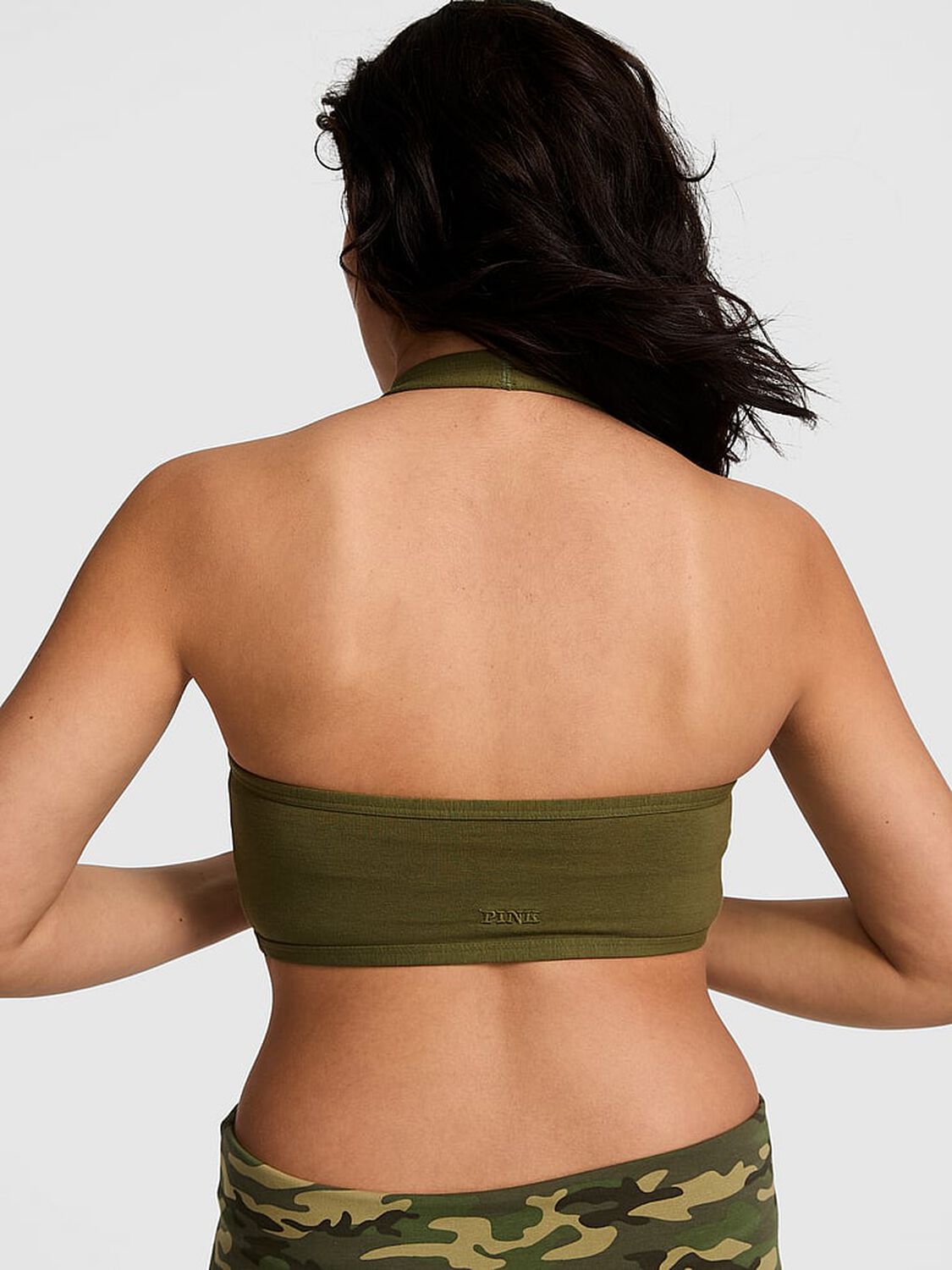 vs Pink All-Day Cotton Halter Sports Bra Olive Shade 1 of 1 
