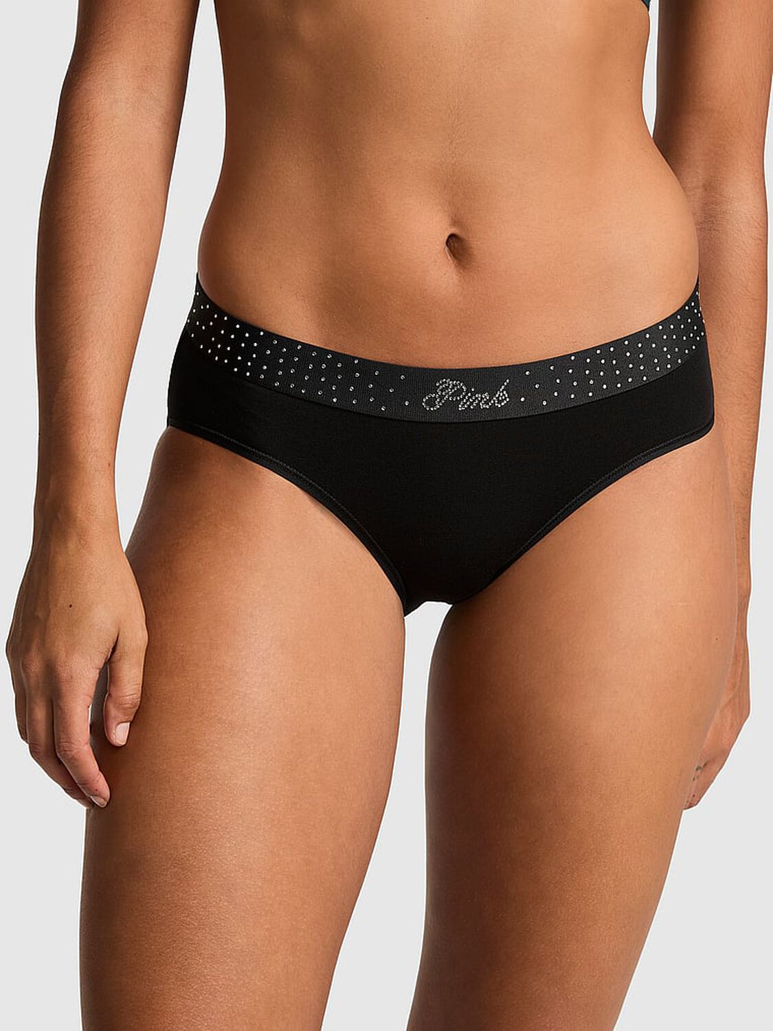 vs Pink Logo Cotton Hiphugger Panty Pure Black Diamante Waistband 1 of 4 