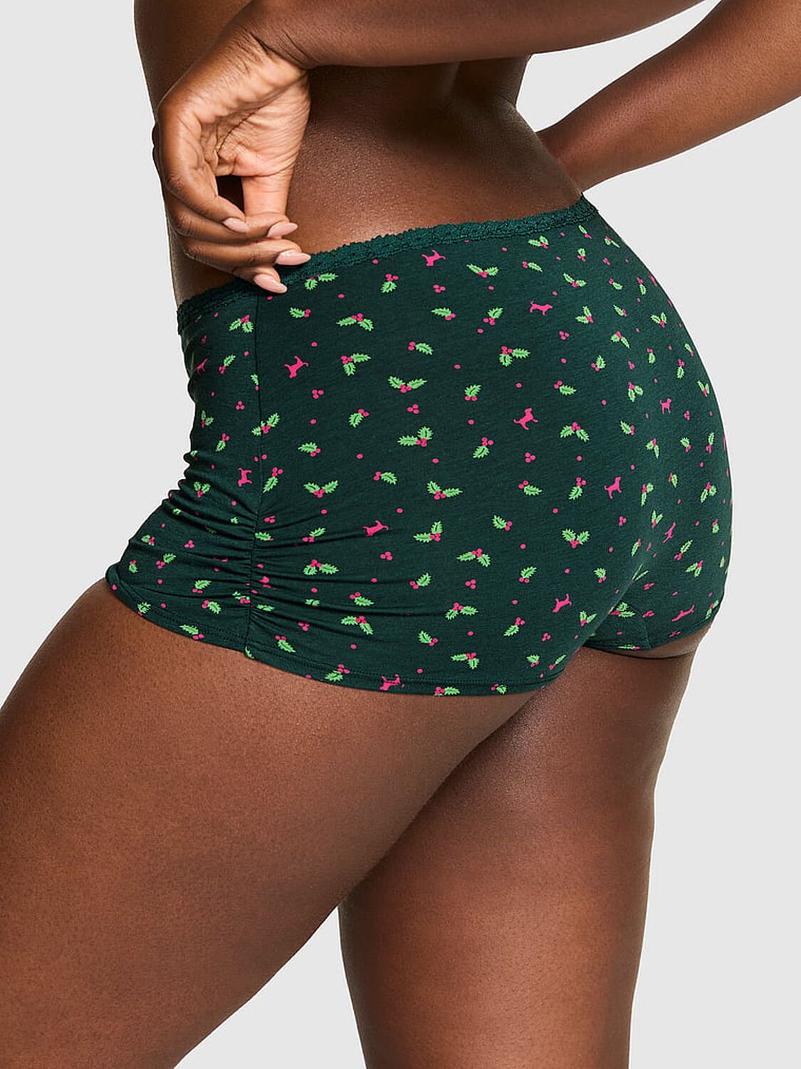vs Pink Cotton Dorm Boyshort Panty Deep Forest Holly Print With Deep Forest Lace 2 of 2 
