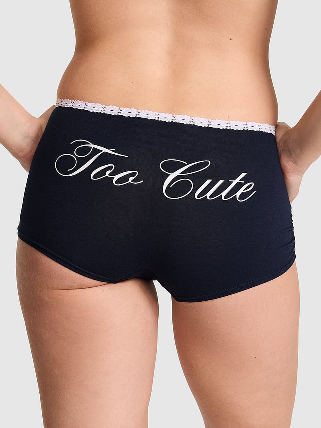 vs Pink Cotton Dorm Boyshort Panty Noir Navy With White Lace And Too Cute Graphic 2 of 2 