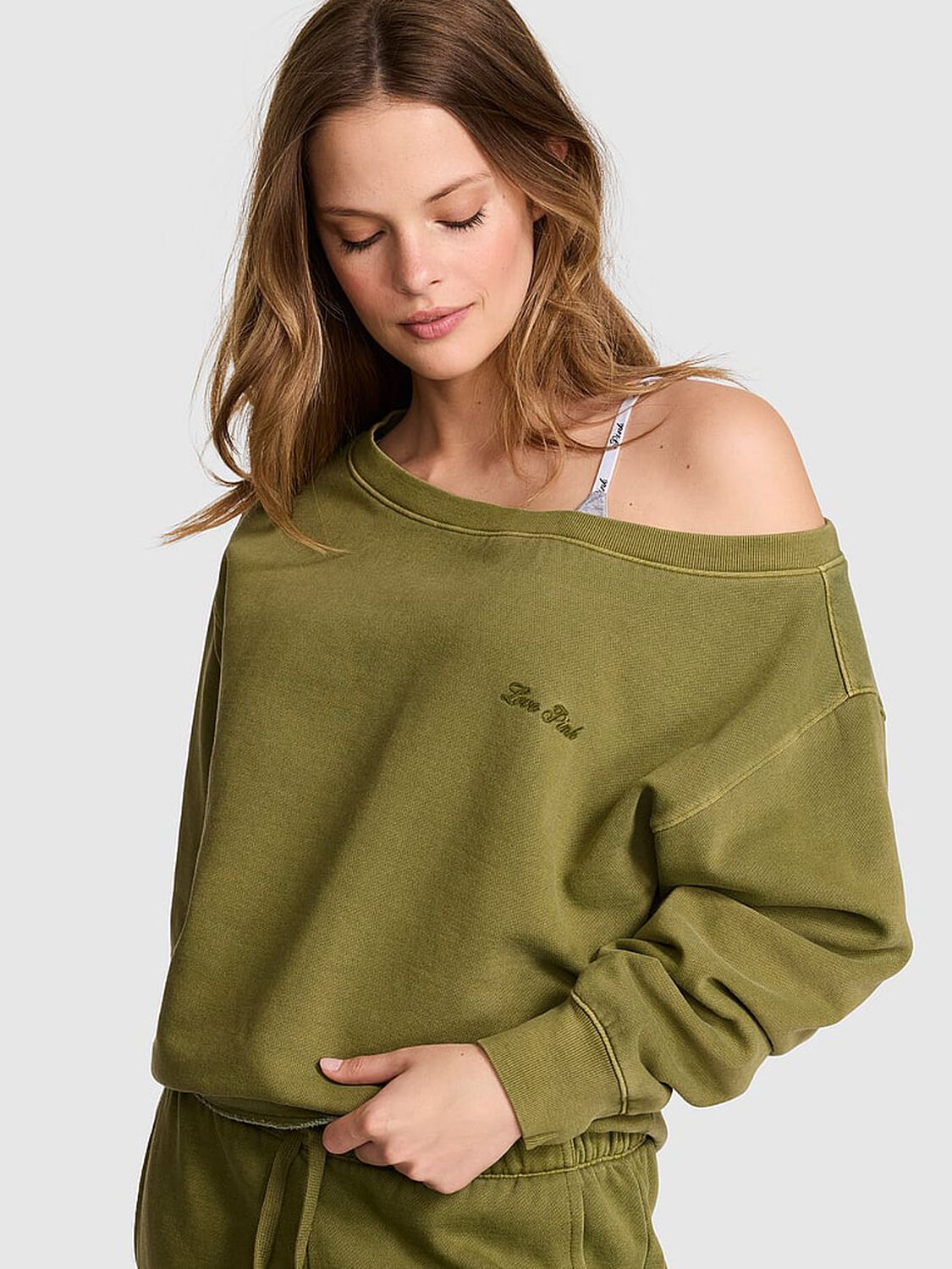 vs Pink Campus Fleece&trade; Rib Off-The-Shoulder Sweatshirt Lizard Green Spring 1 of 2 