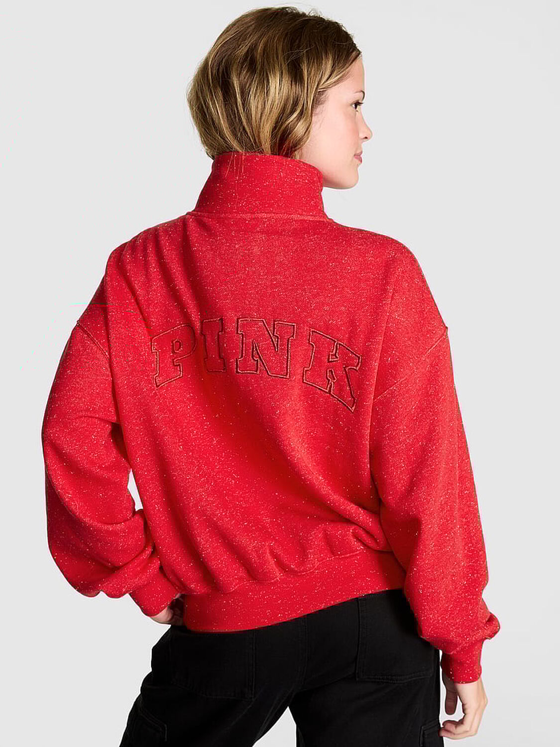 vs Pink Ivy Fleece Quarter-Zip Sweatshirt Heathered Bright Vermillion Woven Shine 2 of 2 