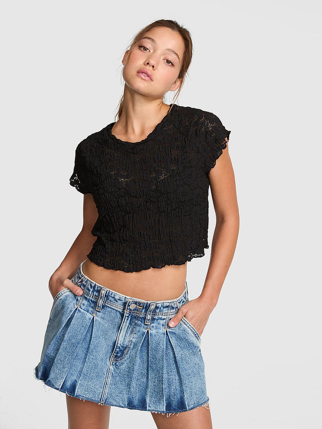 vs Pink Floral Crochet Cover-Up Tee Black 1 of 3 