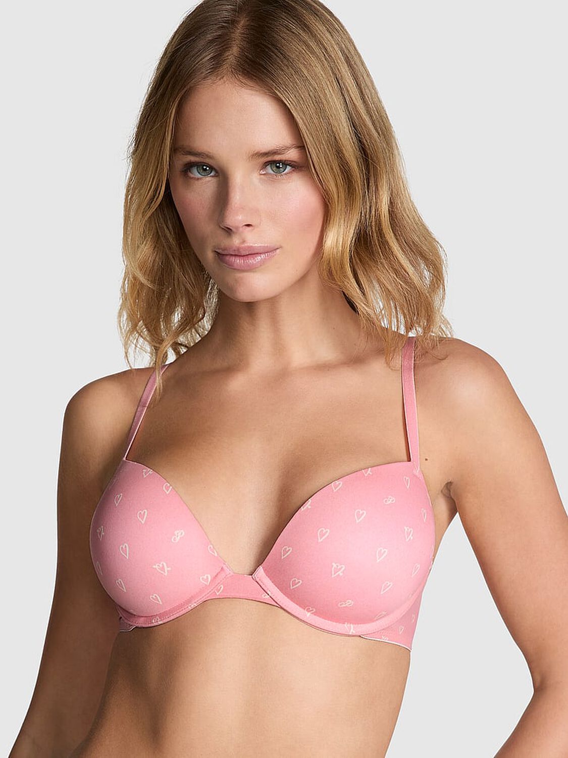 vs Pink Wear Everywhere Wear Everywhere Super Push-Up Bra Petal Pink Heart Print 1 of 3 