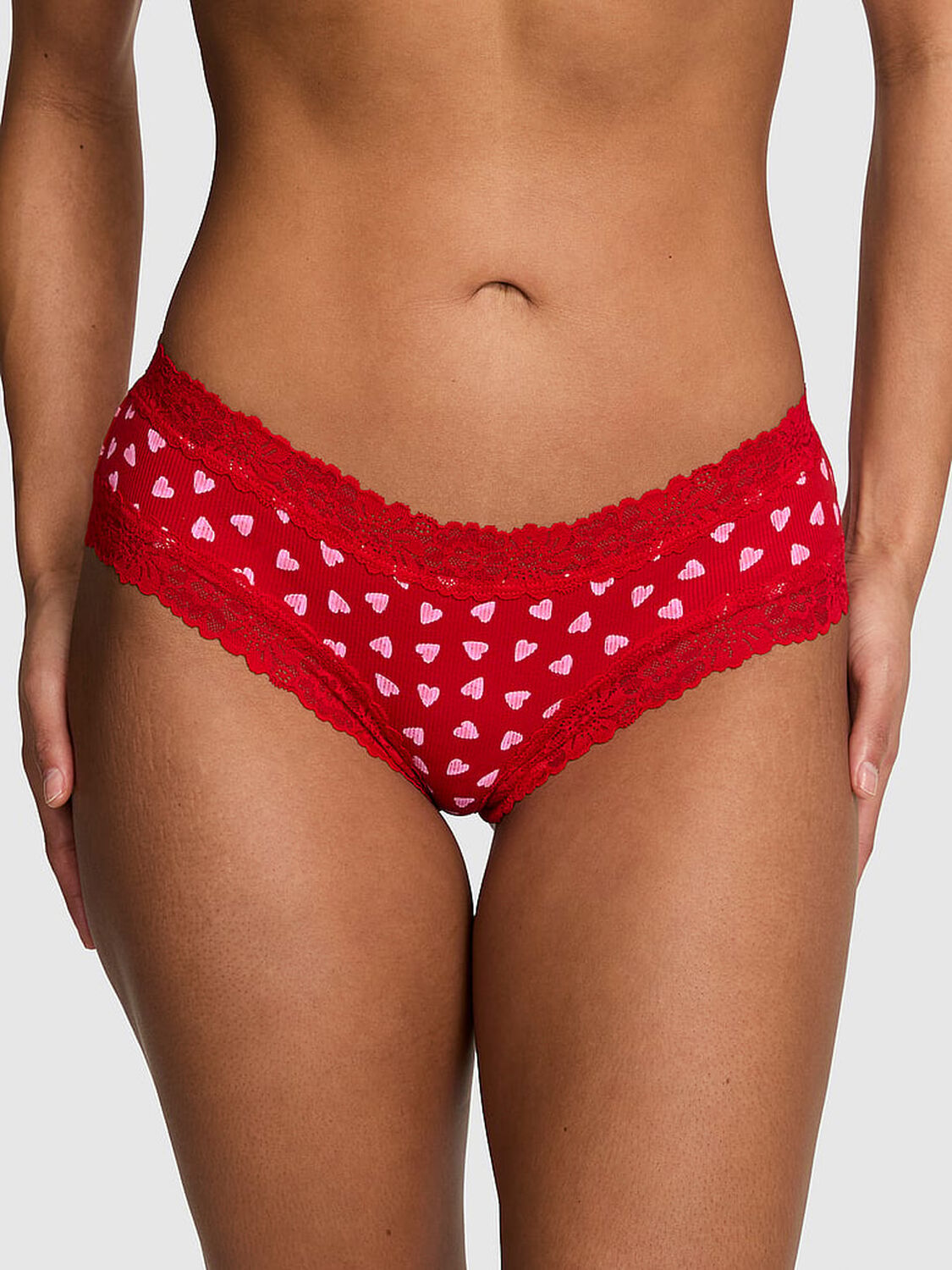 vs Pink Wink Lace-Trim Cheeky Panty Bright Vermillion Hearts 1 of 3 