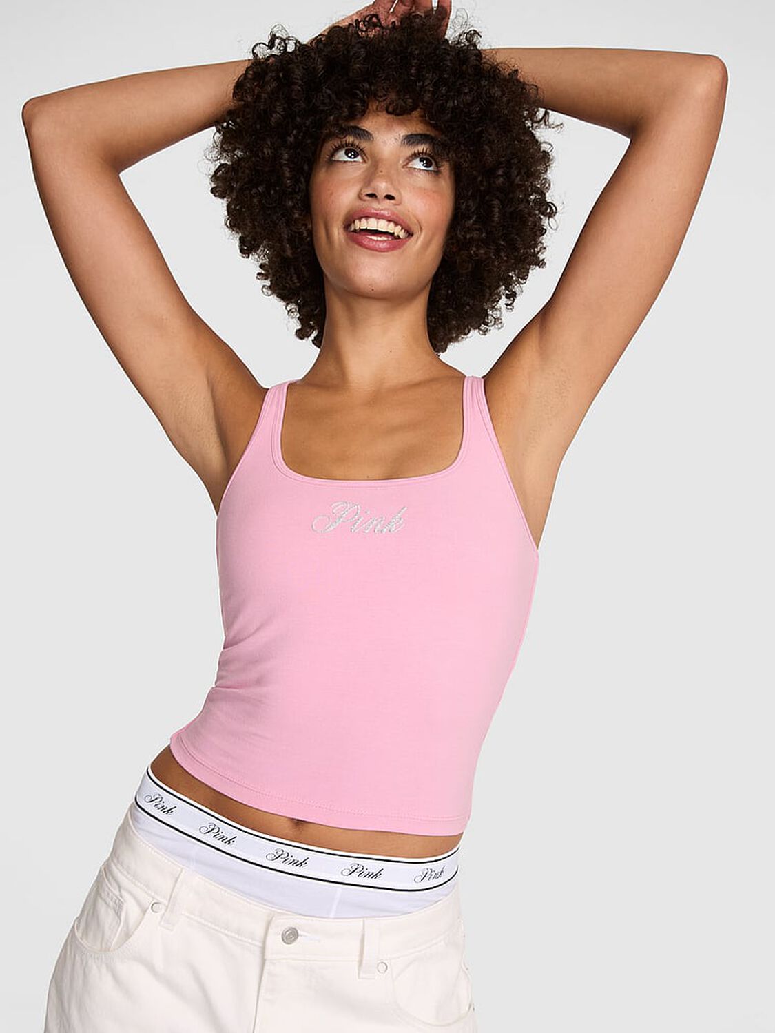 vs Pink All-Day Cotton Square-Neck Bra Tank Cameo Pink Bling 1 of 3 