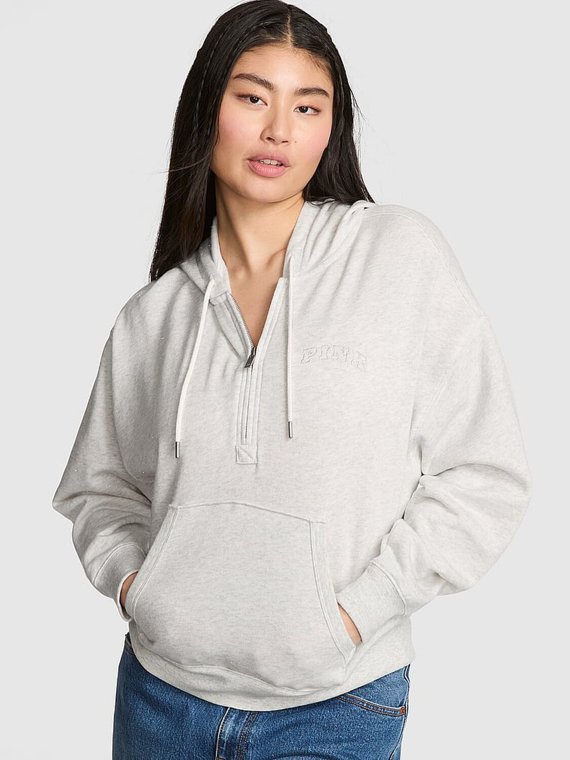vs Pink Ivy Fleece Campus Half-Zip Hoodie Vs Snow Heather Angelina 1 of 2 
