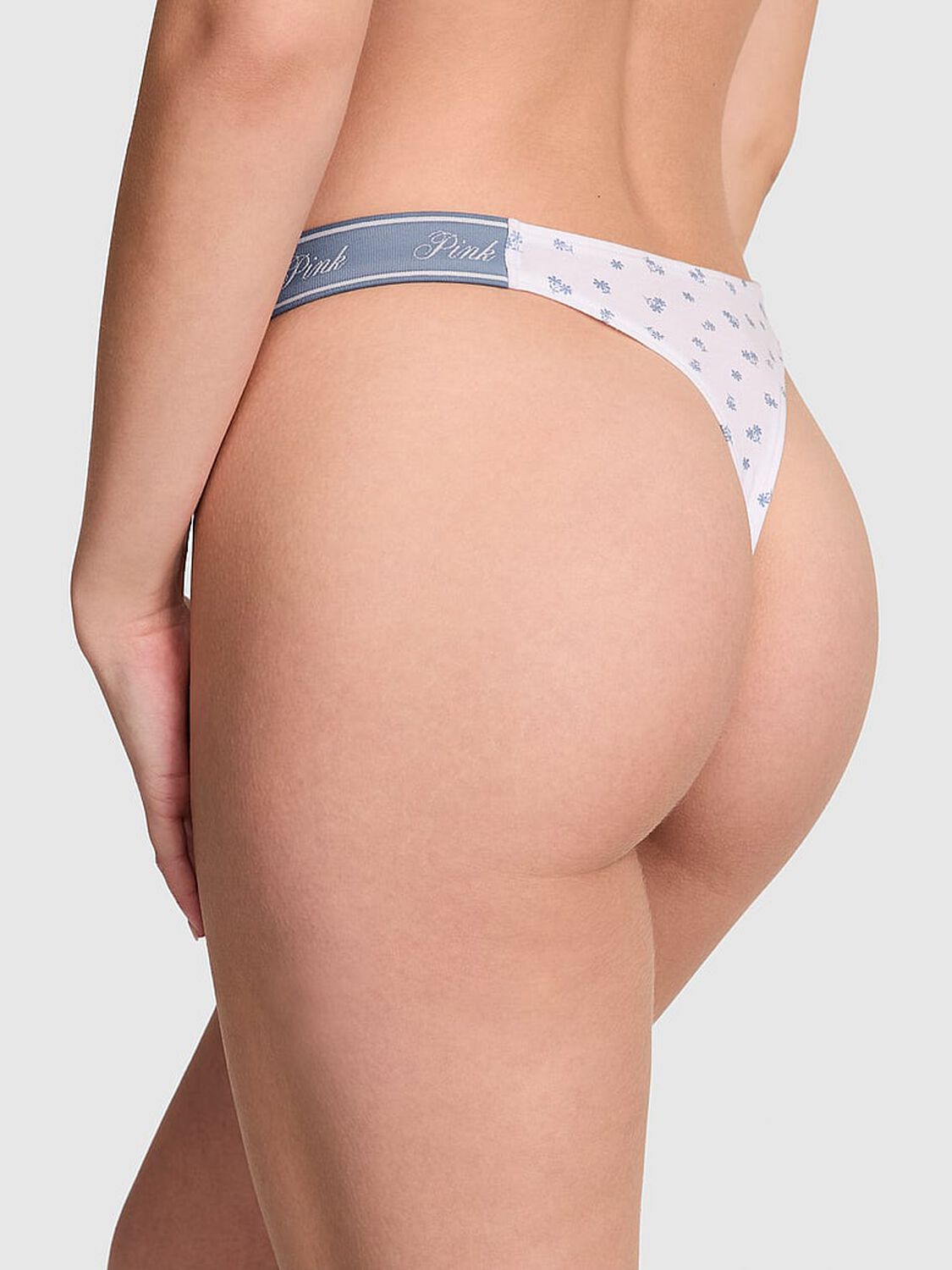 vs Pink Logo Cotton Shine High-Leg Thong Panty White Blue Floral Print 2 of 2 