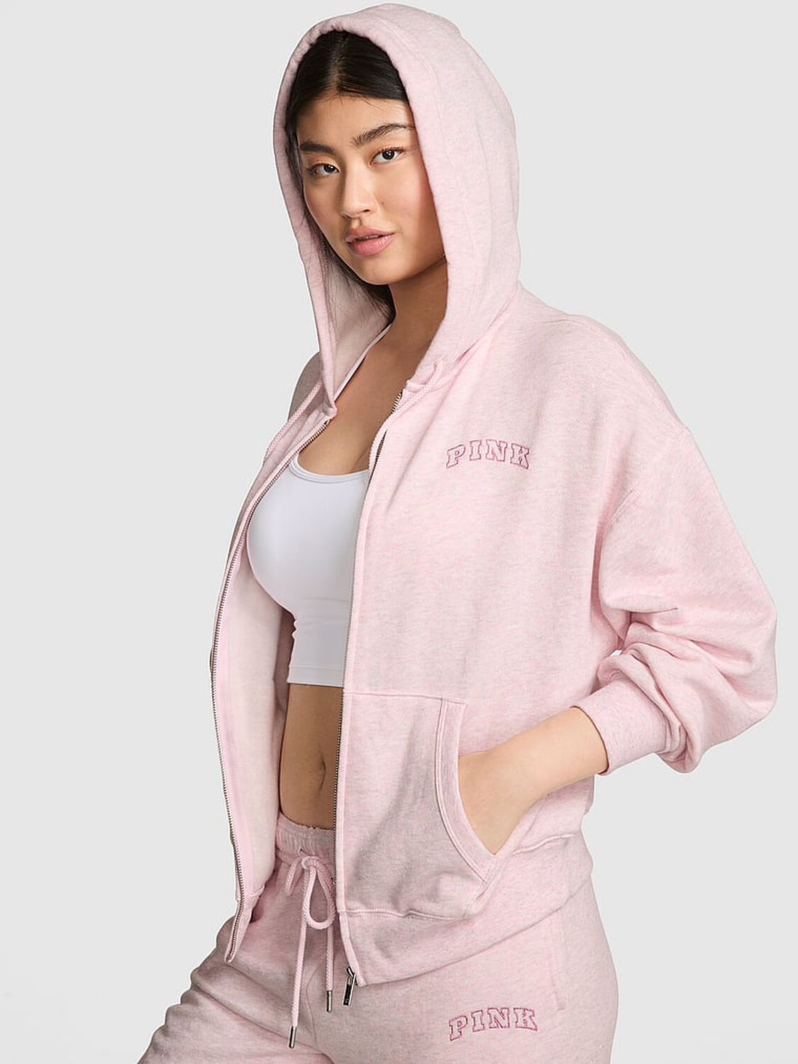 vs Pink Ivy Fleece Campus Full-Zip Hoodie Heathered Pink Petal Woven Shine 1 of 2 