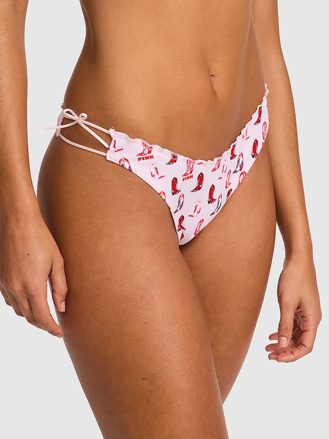 vs Pink Cotton Side-Tie Thong Panty Pink Tulip Cowboy Boots Print Side Tie 1 of 3 