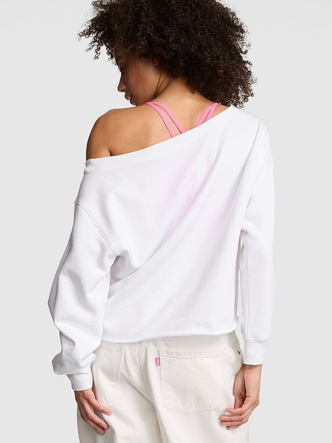 vs Pink Campus Fleece&trade; Rib Off-The-Shoulder Sweatshirt Vs White 2 of 3 