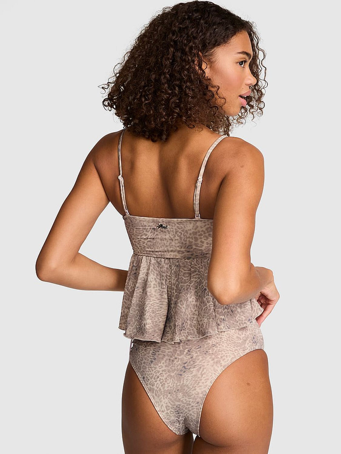 vs Pink Swim Ruched Fly-Away Tankini Top Natural Leo Print With Pink Tulip Lace 2 of 3 