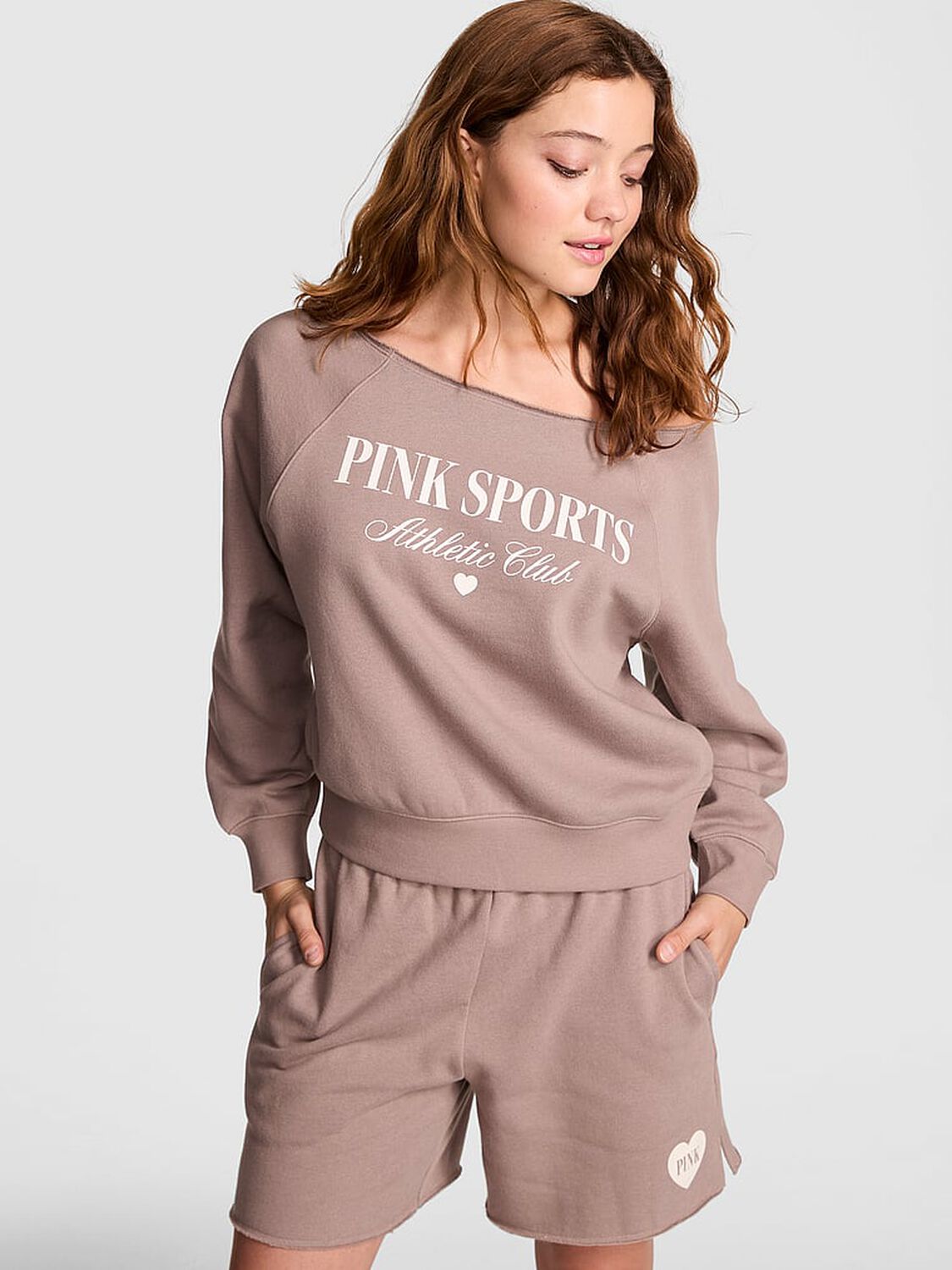 vs Pink Ivy Fleece Off-The-Shoulder Sweatshirt Iced Coffee Sports Club 1 of 3 