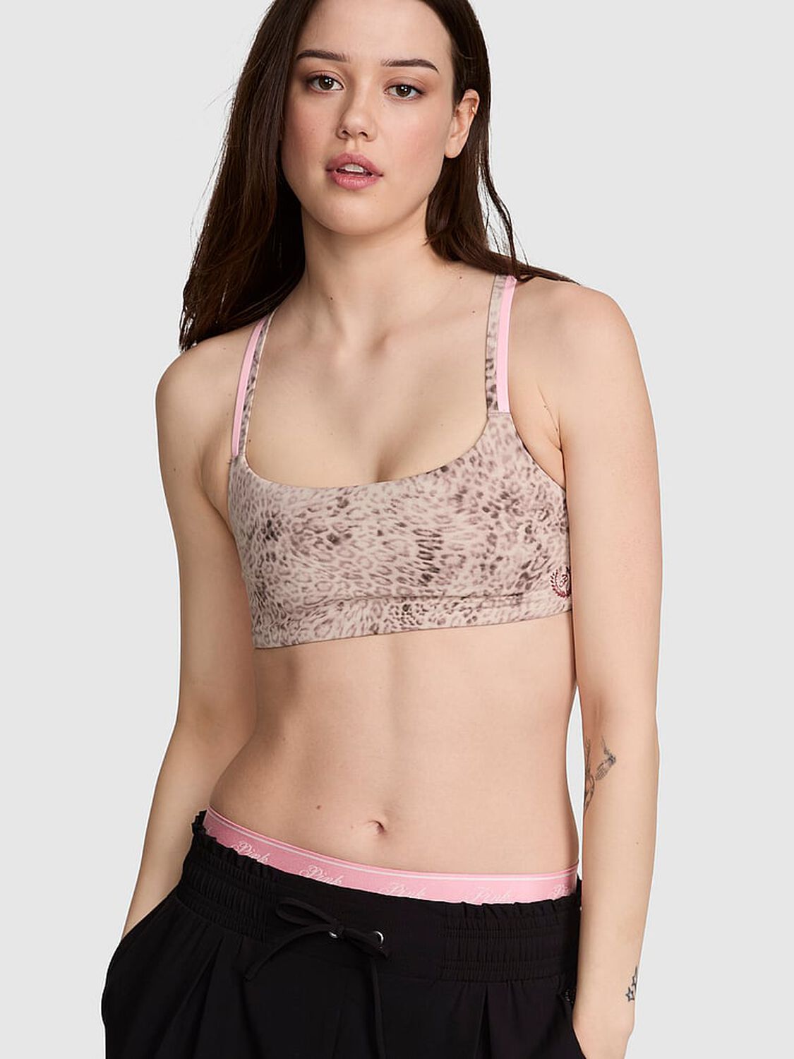 vs Pink PINK Relay&trade; Square-Neck Cross-Back Sports Bra Leopard 1 of 2 