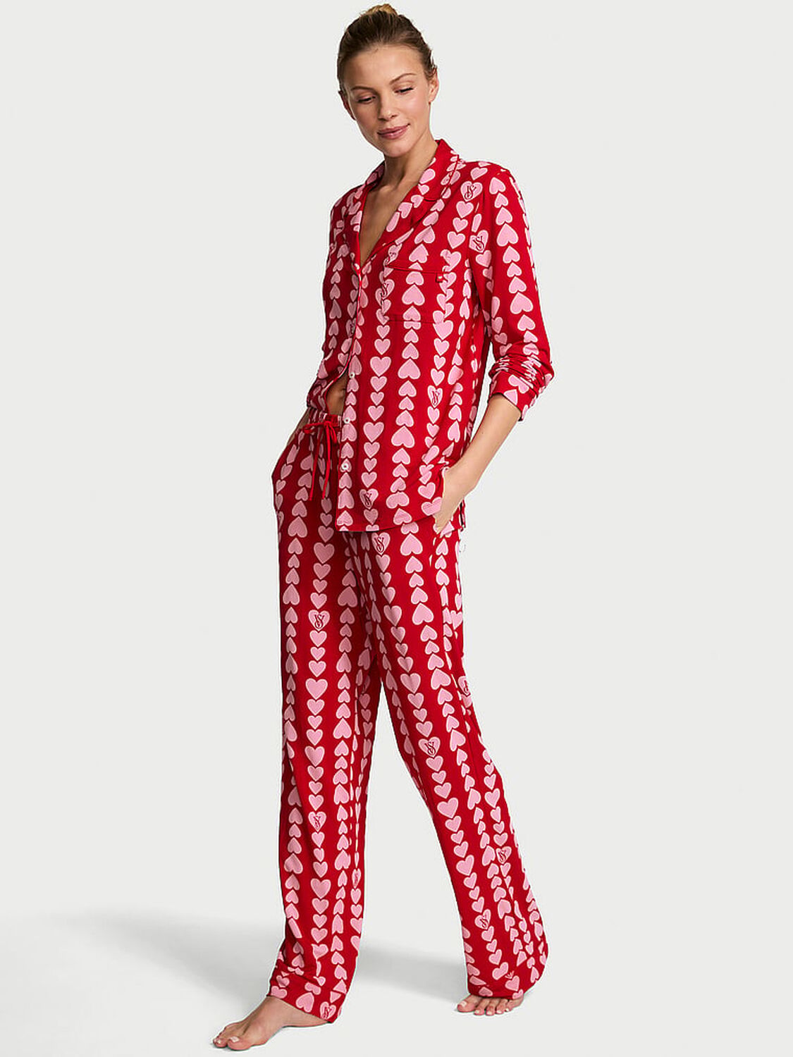 vs Victoria's Secret Modal Soft Long Pajama Set Lipstick/Petal Pink Scattered Hearts 1 of 3 