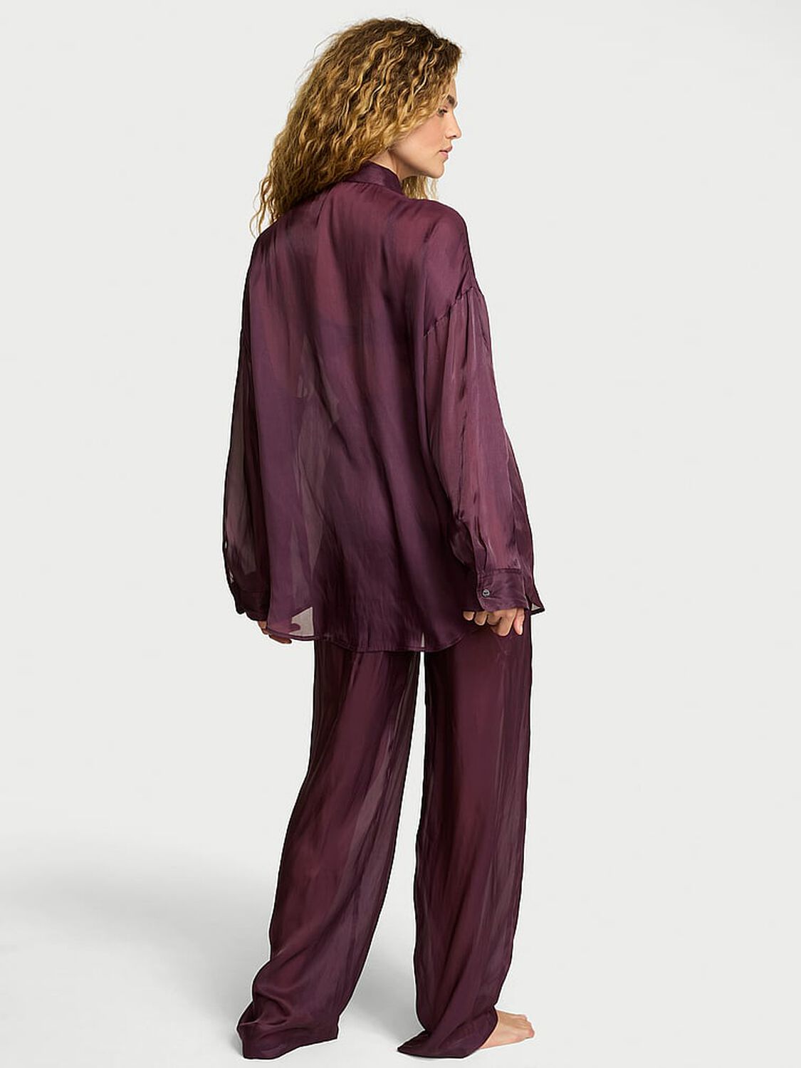 vs Victoria's Secret Luxe Sheer Satin Button-Front Long Pajama Set Winter Wine 2 of 3 