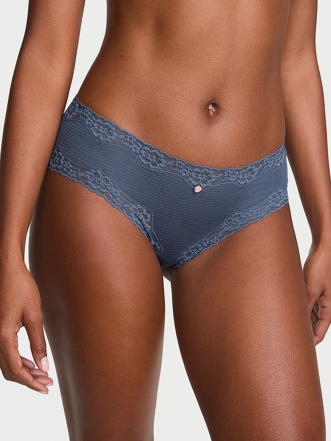 vs Lace Trim Cotton Shadow Stripe Lace-Waist Cheeky Panty Bluestream 1 of 3 