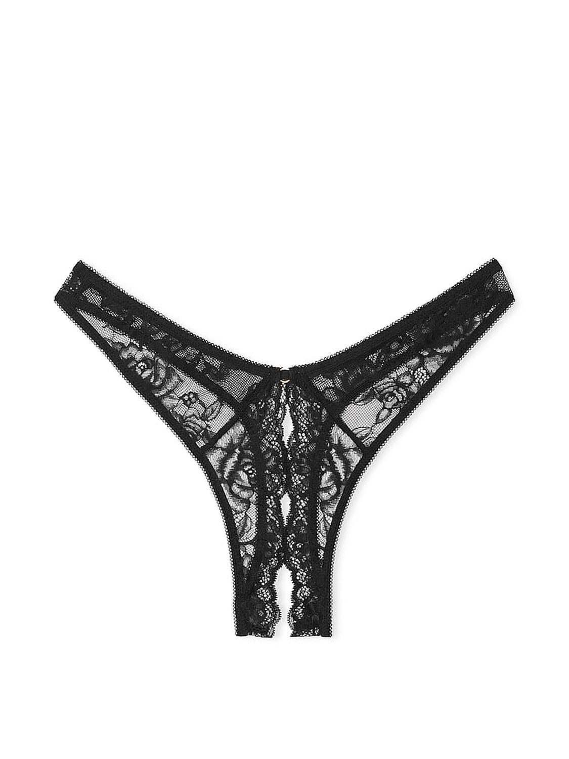 vs Very Sexy Rose Lace High-Leg Crotchless Thong Panty Black 1 of 2 