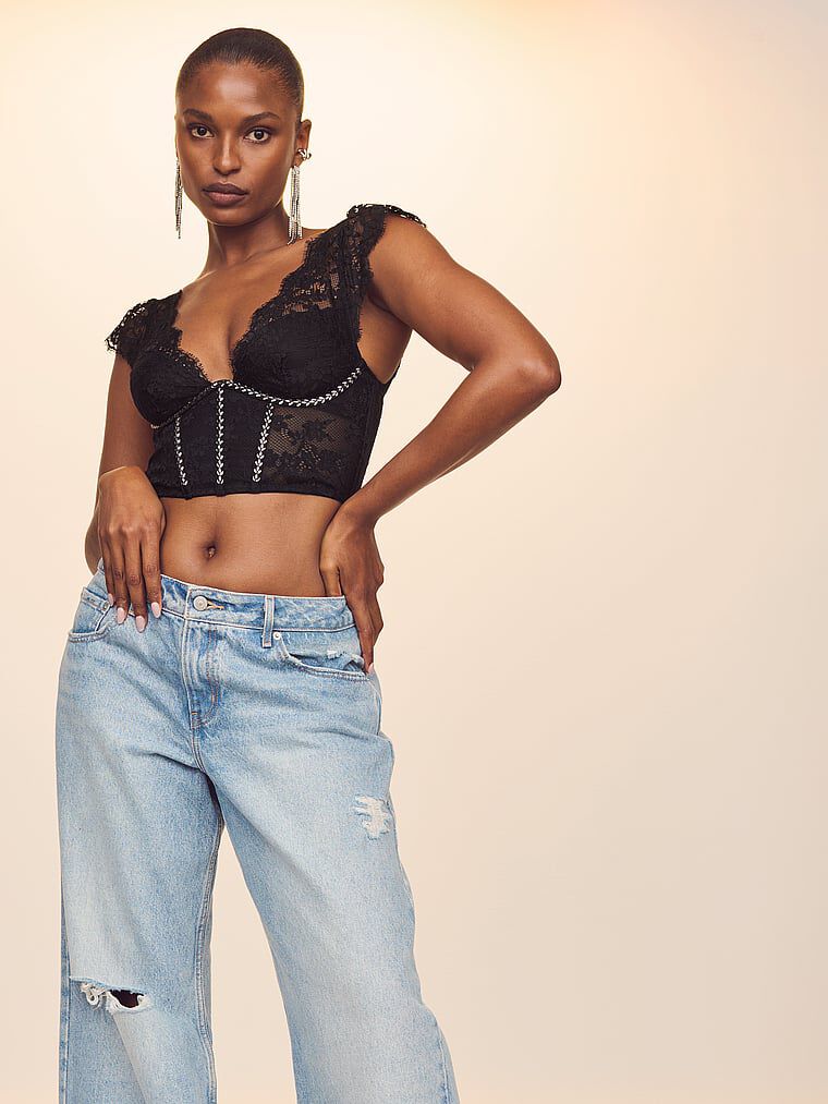 PELLICULE ペリキュール corset layer tops Twinkle Lace Cap-Sleeve Corset Top Black | Victoria's Secret Australia