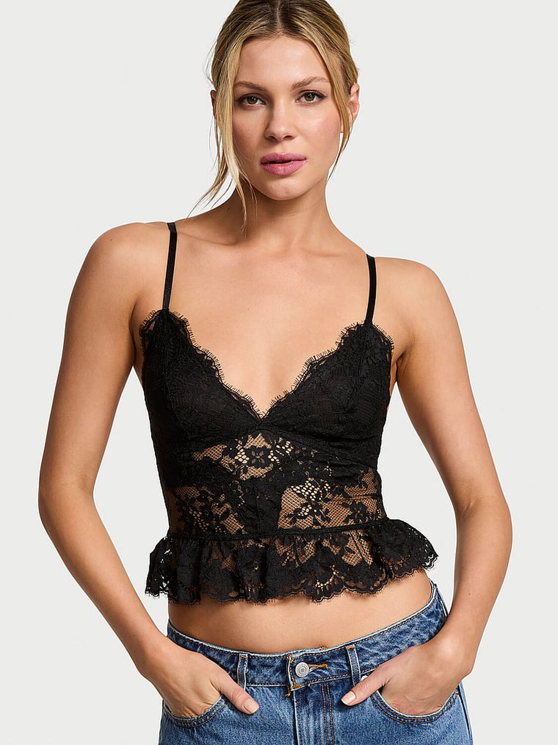vs Victoria's Secret Dare to Dream Lace Flounce Bra Top Jet Black 1 of 4 