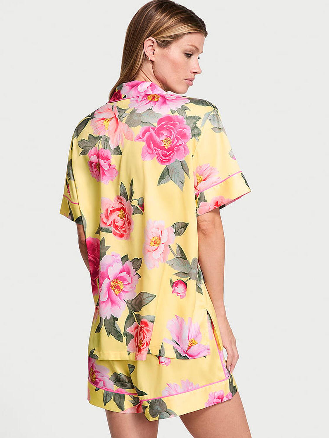 vs Victoria's Secret Glazed Satin Short Pajama Set Yellow Tulip W Floral Bouquet 2 of 4 