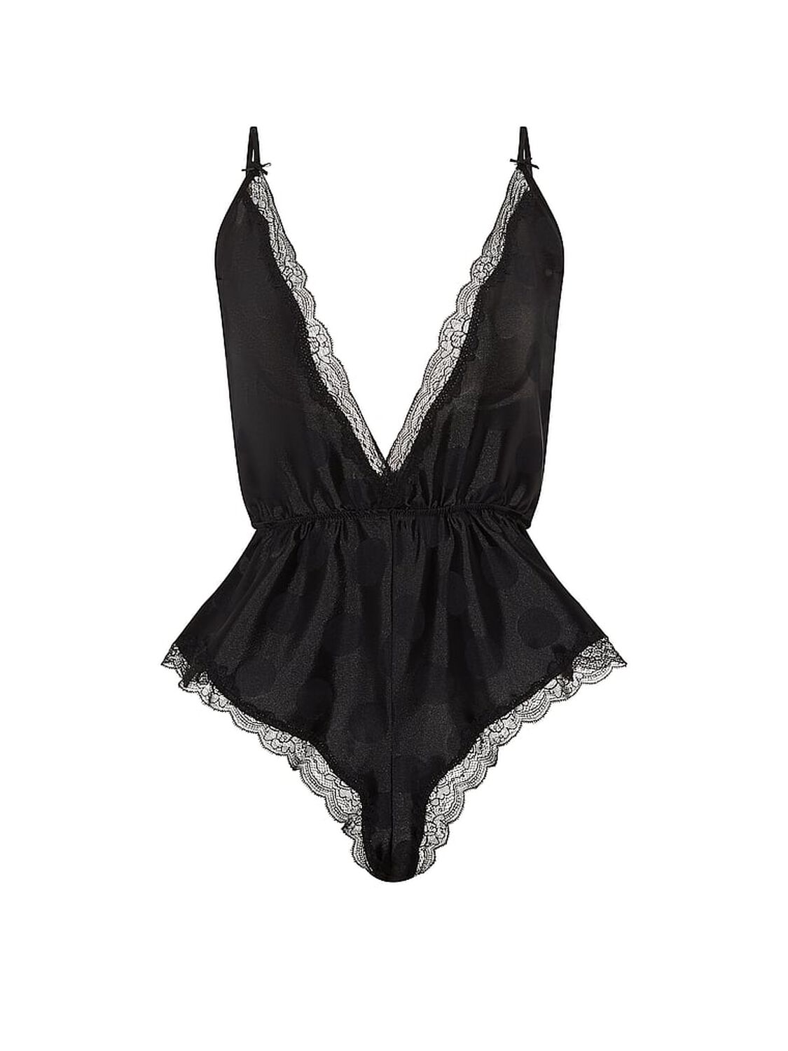 vs Victoria's Secret Tease Dot Satin Lace-Trim Flutter Romper Black 3 of 3 