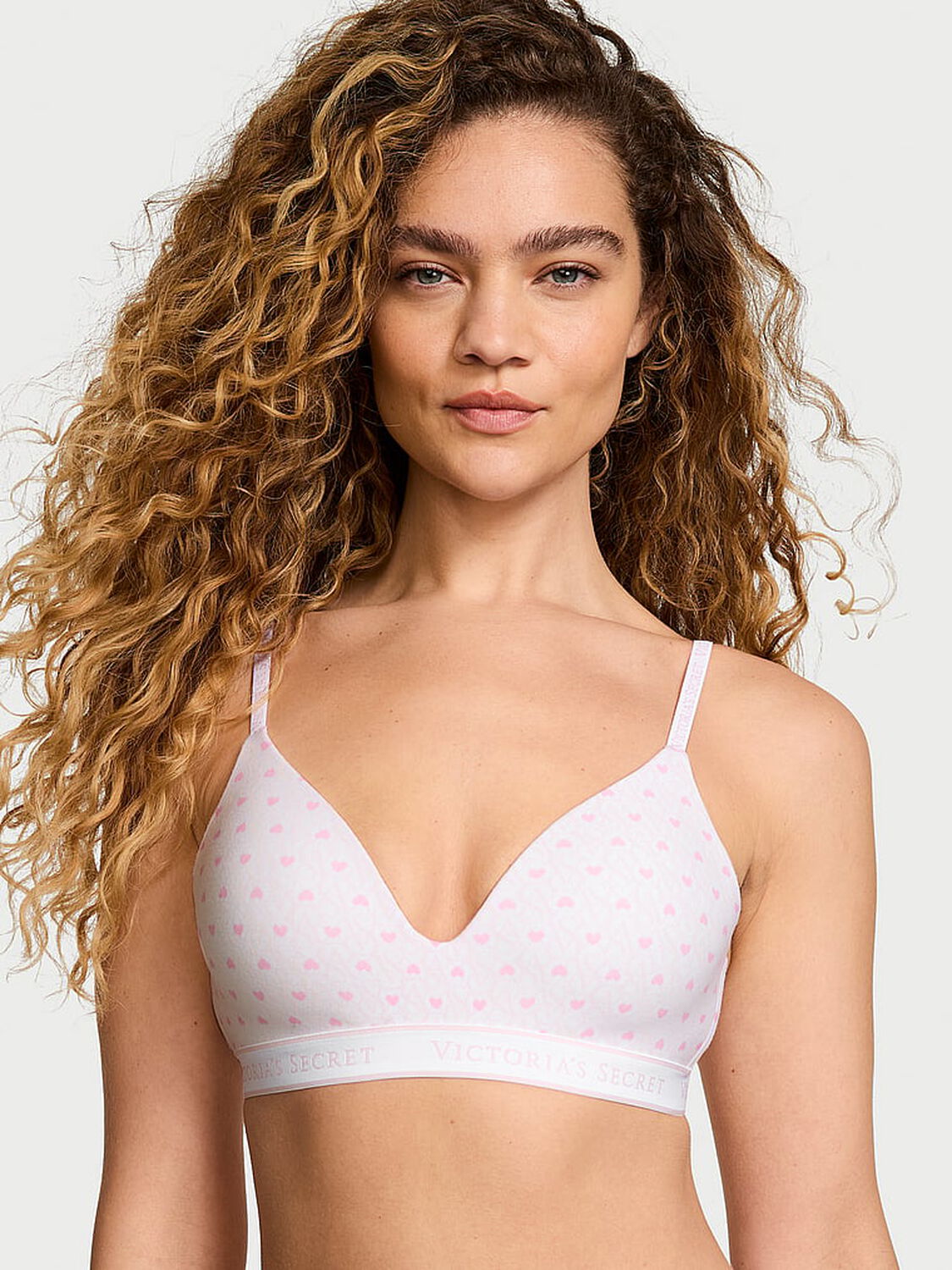 vs The T-Shirt Lightly Lined Wireless Cotton Bra White & Pink Hearts 1 of 4 
