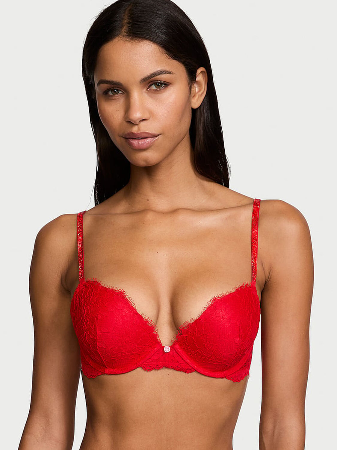 vs Dream Angels Twinkle Strap Lace Push-Up Bra Bright Vermillion 1 of 4 