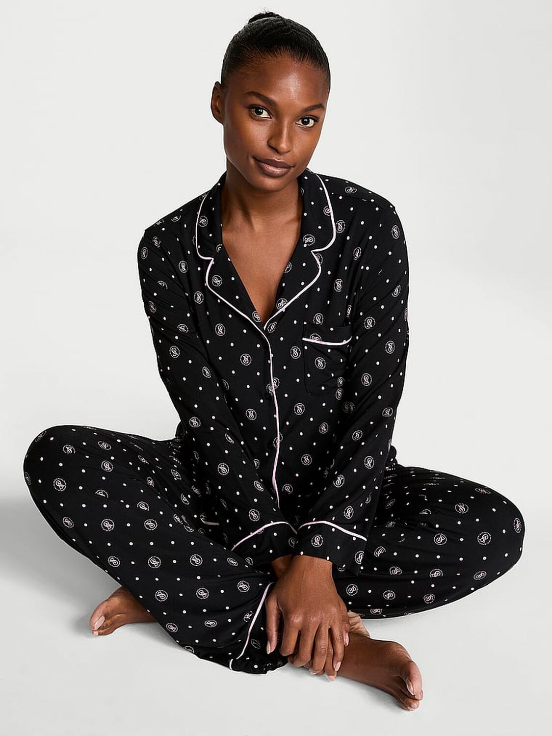 vs Victoria's Secret Modal Soft Long Pajama Set Black Vs Lockup Dot 1 of 2 