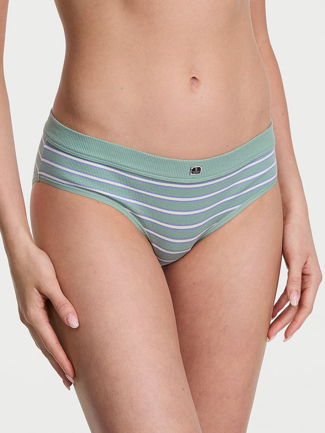 vs Cotton Cotton Rib Logo Hardware Hiphugger Panty Seasalt Green Stripe 1 of 2 