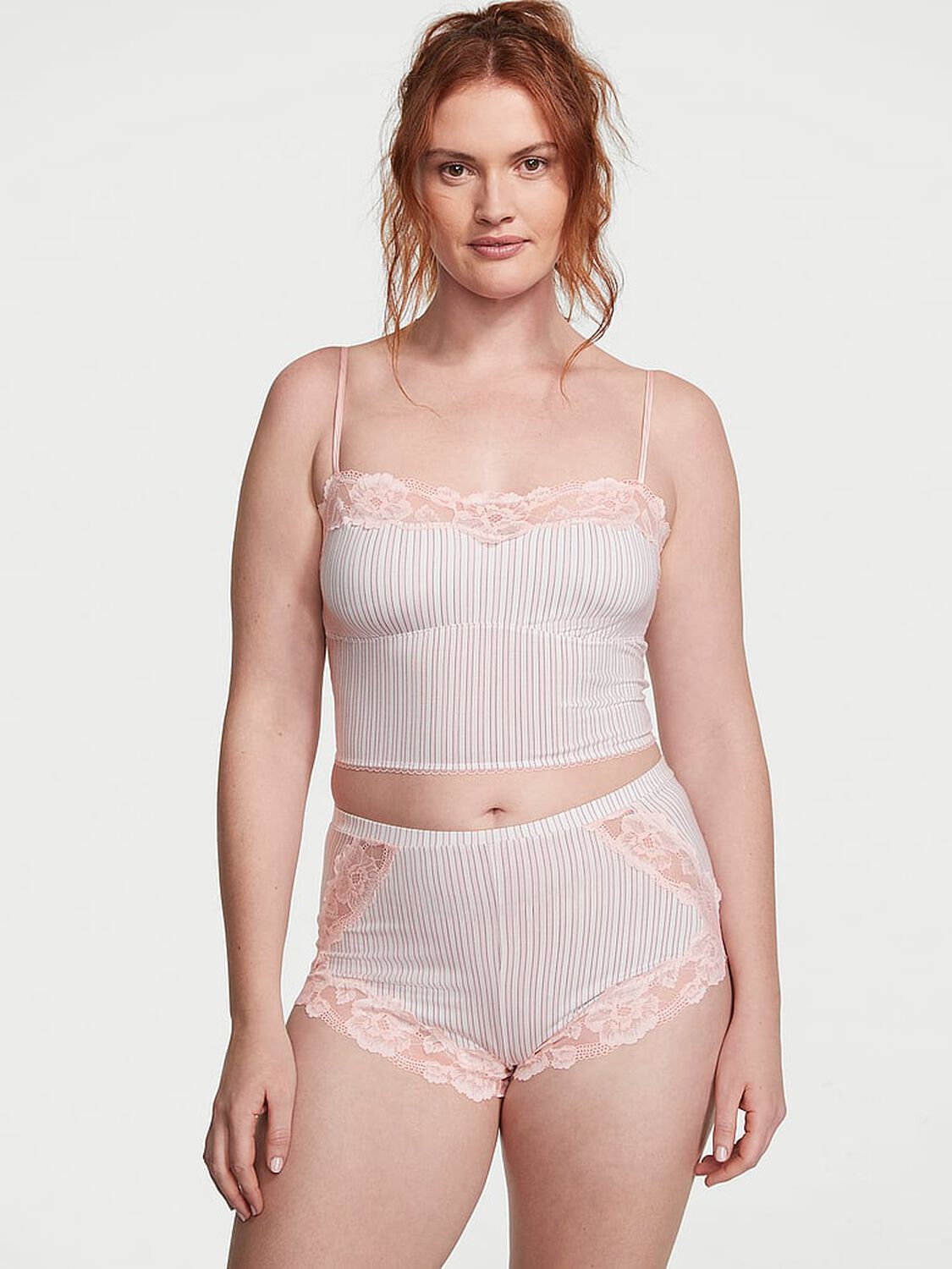 vs Victoria's Secret Modal & Lace Trim Straight-Neck Cami Set Purest Pink Stripes 1 of 3 