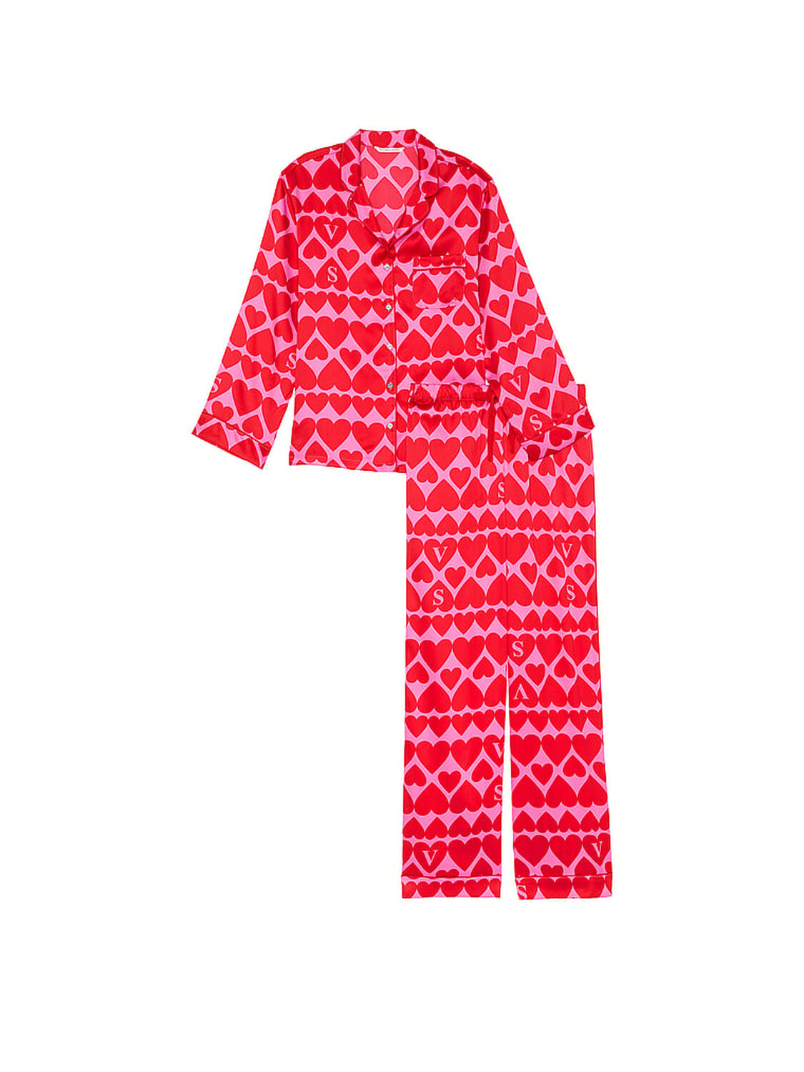 vs Victoria's Secret Glazed Satin Long Pajama Set New Peony & Lipstick Hearts 3 of 4 
