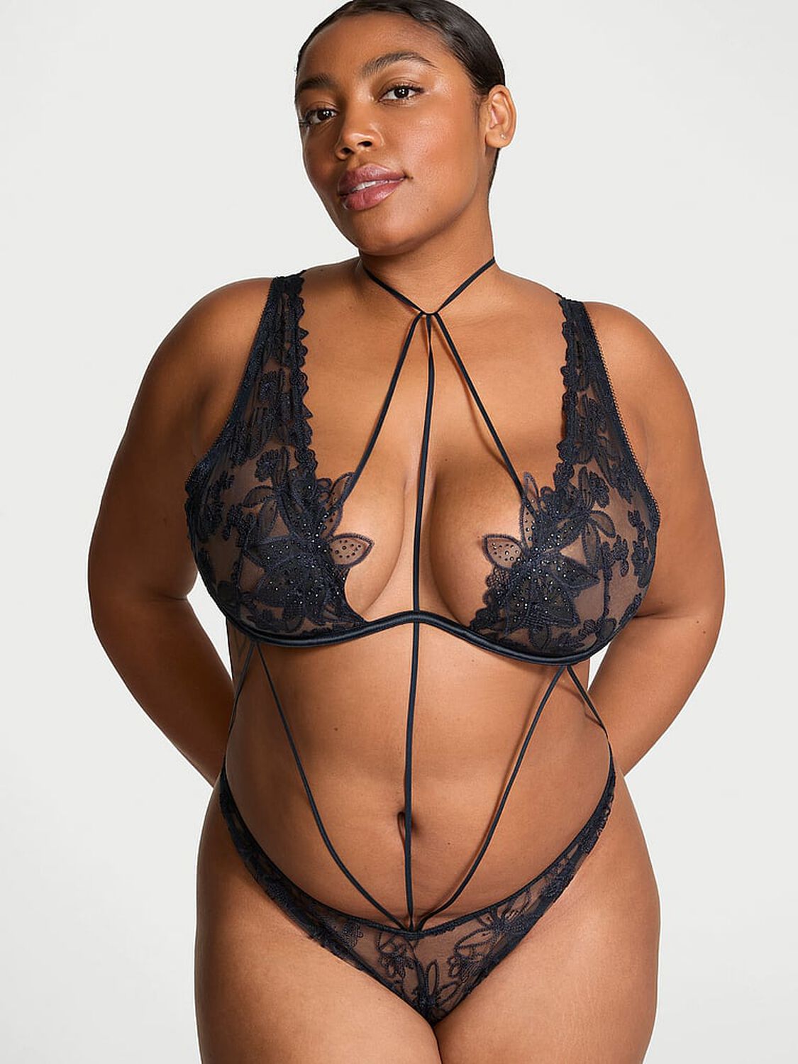 vs Very Sexy Ziggy Glam Noir Embellished Strappy Open-Back Teddy Dark Twilight 1 of 4 