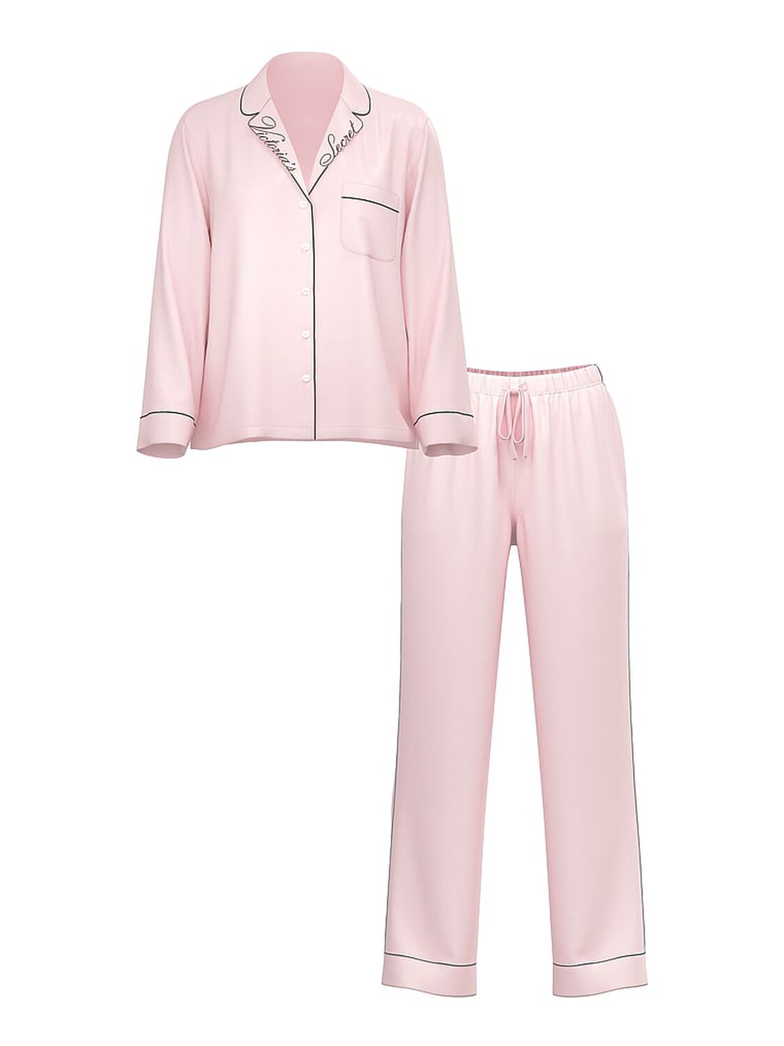 vs Victoria's Secret Glazed Satin Long Pajama Set Angel Pink W Collar Embroidery 3 of 4 